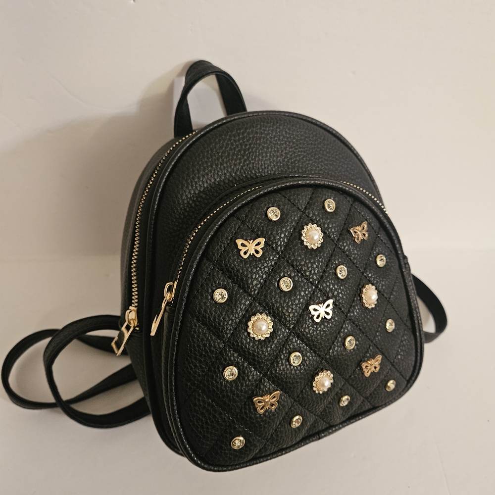 Under One Sky Black Quilted Mini Backpack with Gold Accents
